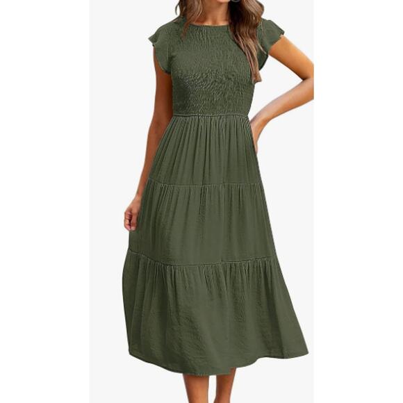 #5NWT Merokeety Dark Green Midi Dress Smocked Top Flutter Sleeves Size Medium - Picture 1 of 3